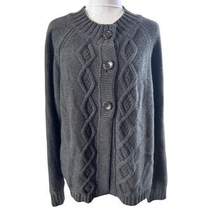 Lands End Gray Cozy Chunky Cotton 3 Button Cable Knit Cardigan Sweater XL 18-20